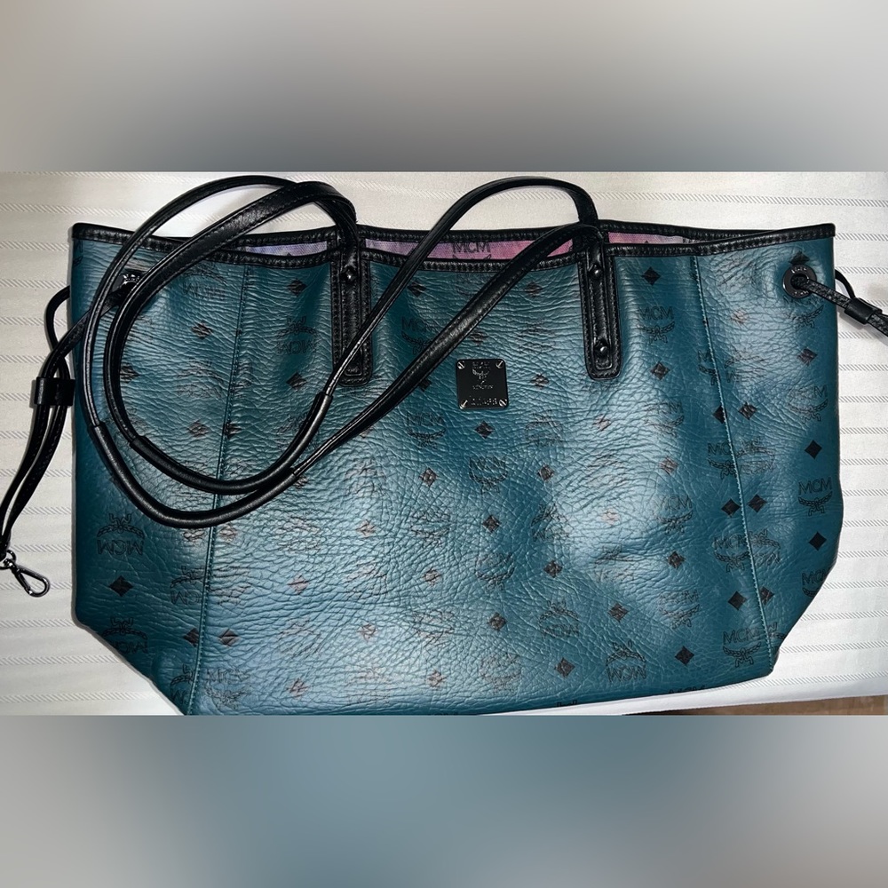 MCM reversible Tote. Teal exterior w/ Galactic Pink and Purple Fabric reverse